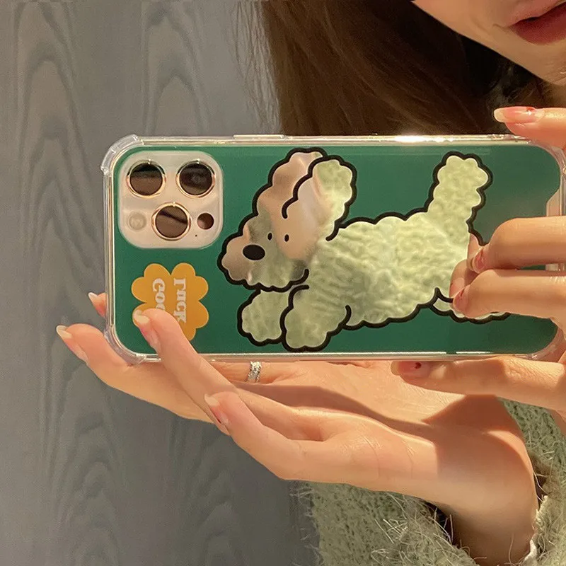 Vintage Cartoon Dog Mirror Phone Case For iPhone 15 14 11 12 13 Pro Max XS XR X 7 8 Plus 13 mini Phone Back Cover Shock Proof