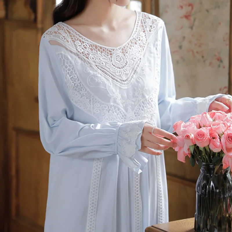 Long Sleeved Nightgown for Women Spring Cotton Vintage Retro Lace Princess Sleepwear Loose Outdoor Wear Home Clothes Autumn