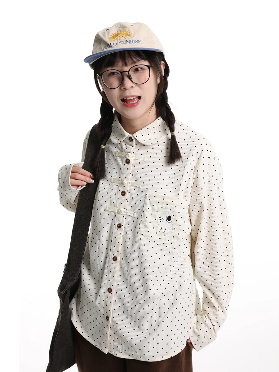 

Новая женская хлопковая рубашка в стиле ретро с вышивкой, воротником с цветочным узором, вельветом в горошек и пуговицами в китайском стиле, осенне-зимняя...