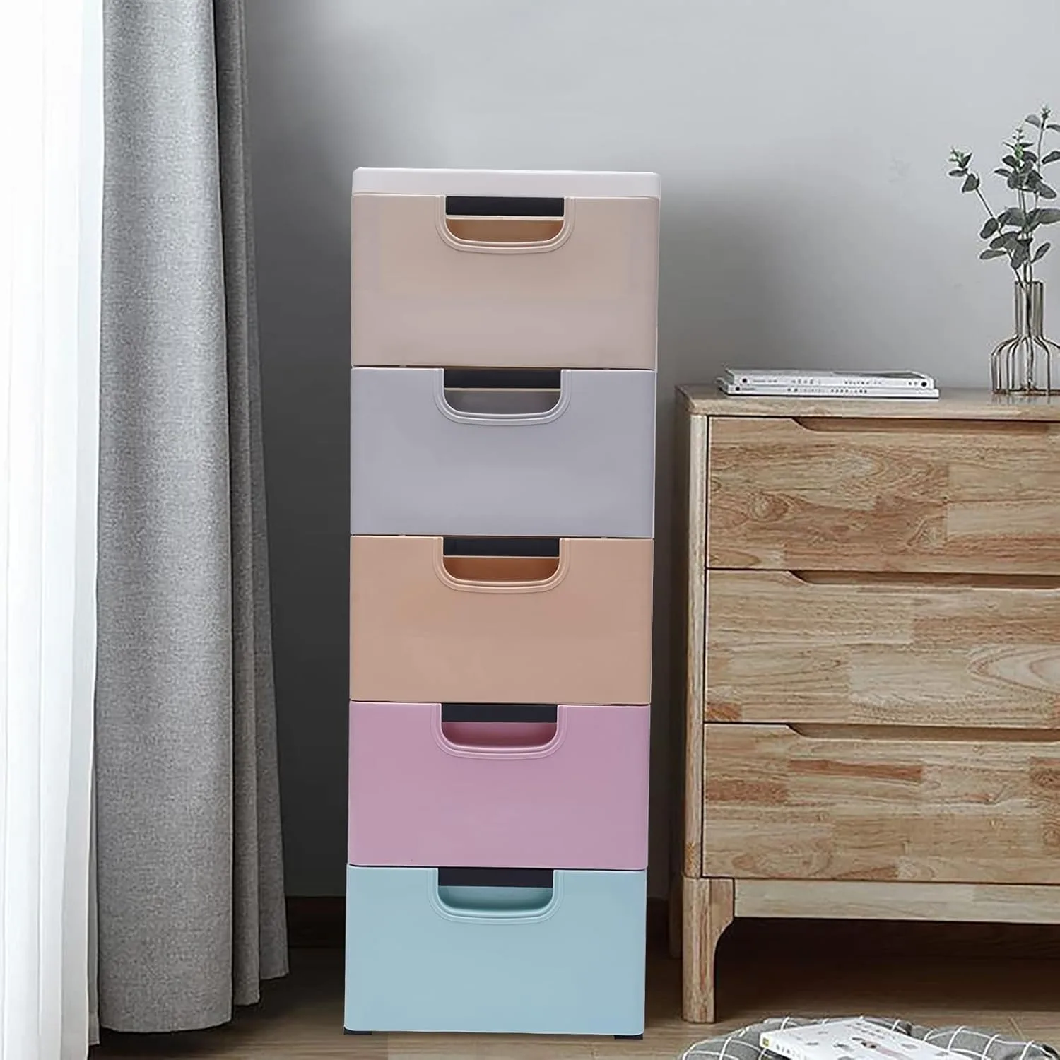 Plastic Drawers Dresser with 5 Drawer and 4 Wheels, Movable Storage Tall Small Cabinet Closet for Bed, Closet, Sofa, and Cabinet