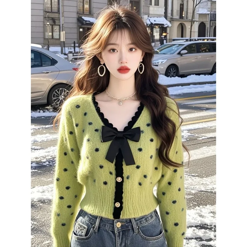 

Зимний популярный корейский стиль, уникальный и красивый меховой нижний свитер в горошек