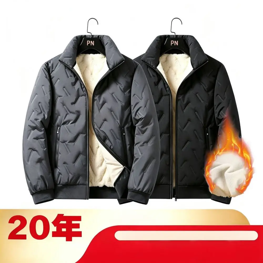 Mens Winter Warm Cotton Padded Jacket Thick Lamb Wool Lined Coat Casual Business Style Windproof Outerwear Male