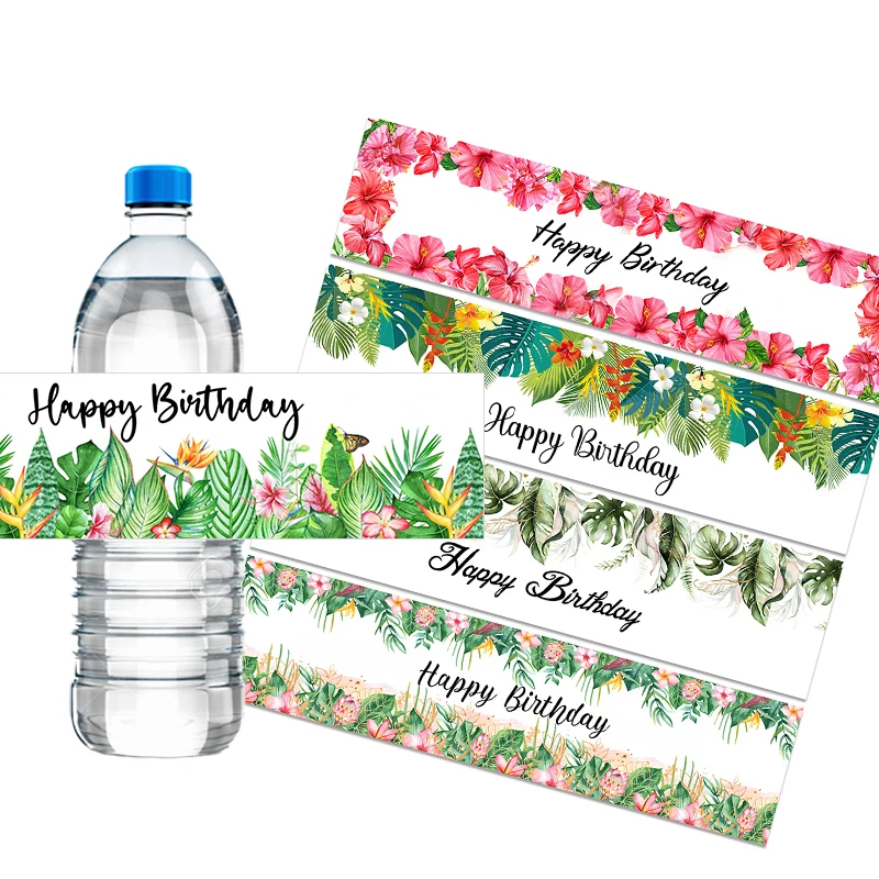 10/20pcs Summer Hawaiian Party Tropical Theme Flower Leaves Birthday Bottle Labels Stickers Happy Birthday Decorations Sticker