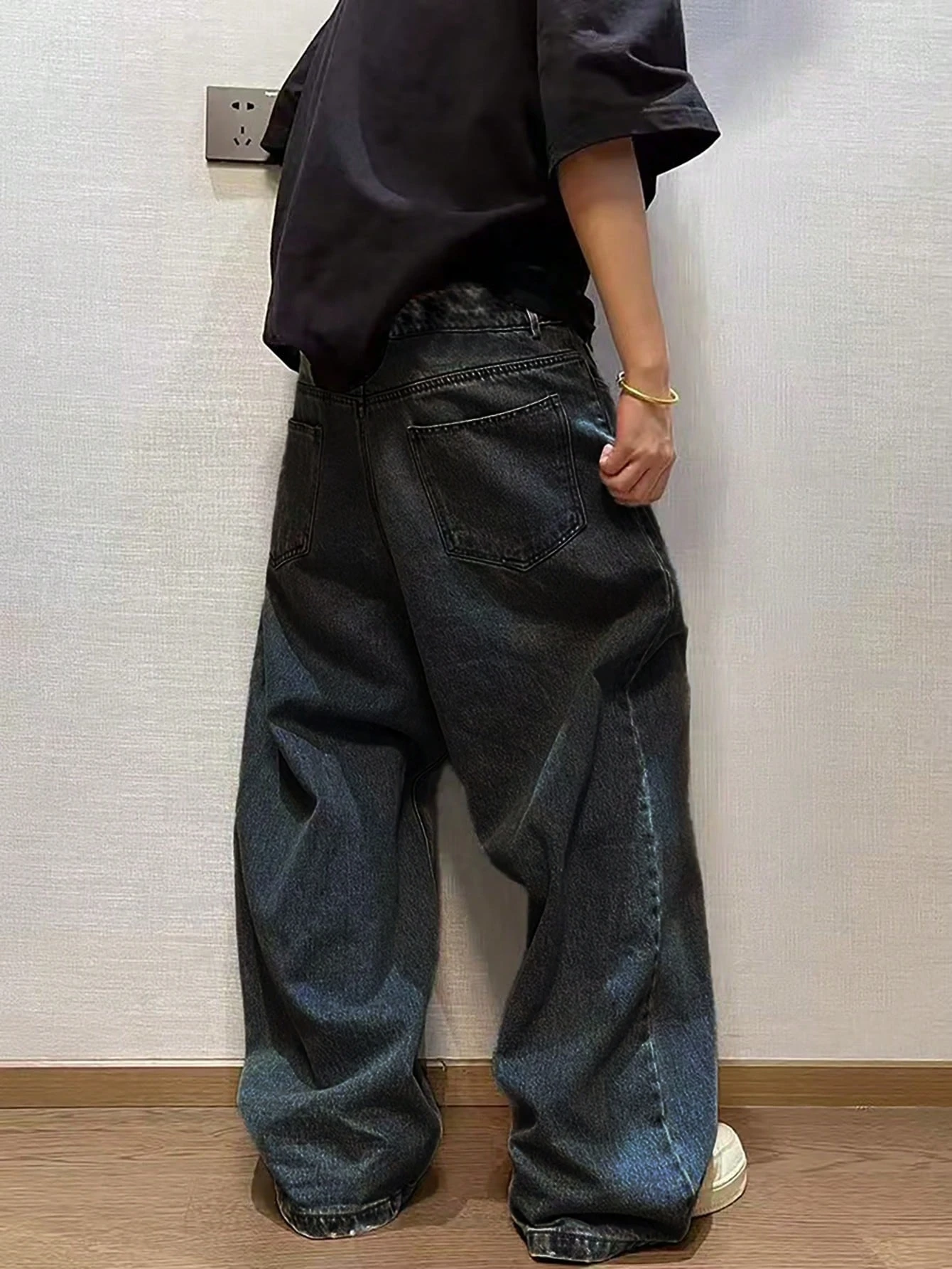 1Pc Men's Wide Pants Brushed Jeans Wide Jeans Y2K New Rocks Jeans Buggy Black Hip-Hop Pants