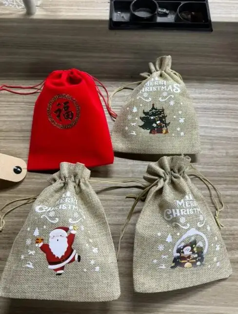 1000pcs 15*20 cm Fu velvet bag 1000pcs mix Christmas design 15*20 Jute Bag sea shipping Santa, Xmas Tree, Xmas Wreath