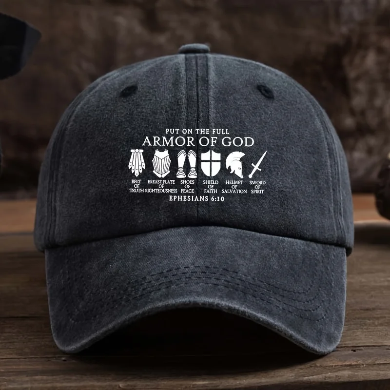 1pc Men's Christian Bible Verse Baseball Cap with Ephesians 6:10-18 Scripture Print (Put On The Full Armor of God) - Adjustable