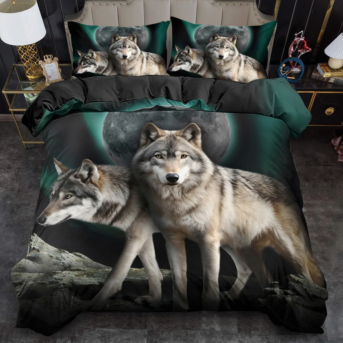 3pcs Duvet Cover Set, Gothic Wolf Print King Queen Style bedding, Machine Washable Polyester Bedding set Bedroom Guest Room Gift