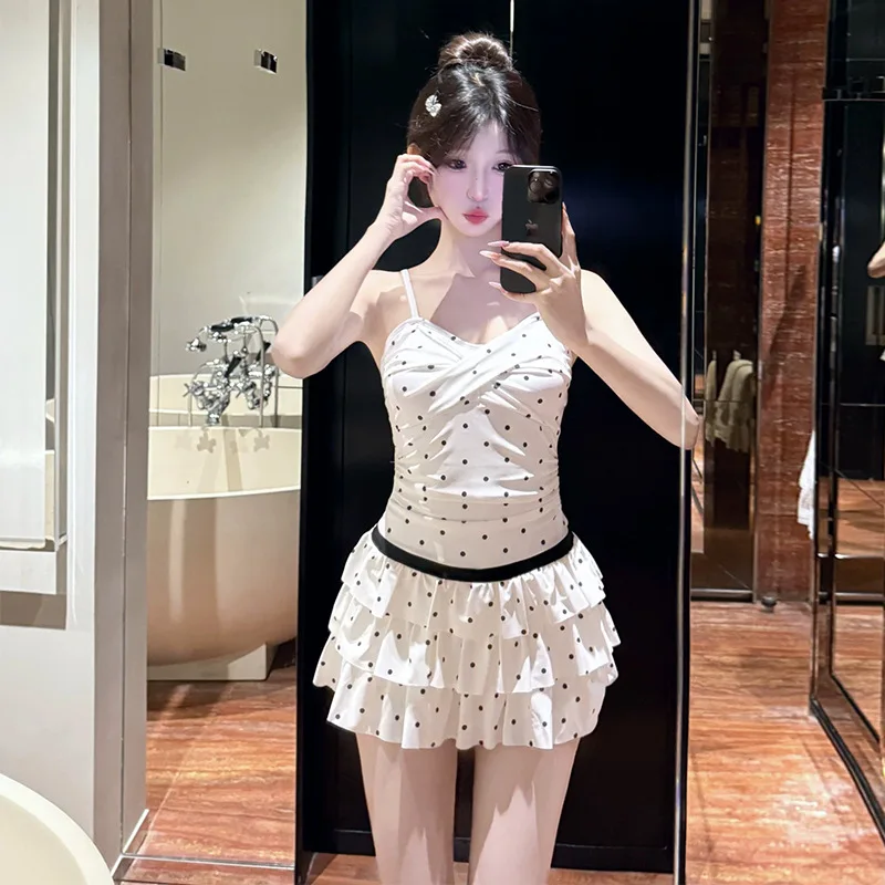 مثير الكورية أزياء البولكا نقطة طباعة المايوه قطعة واحدة عودة القوس عارية الذراعين الكشكشة فستان قصير كولوتيس البيكينيات مبطن ملابس السباحة