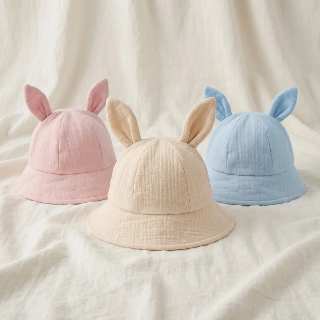 Cute Bunny Ears Baby Sun Hat Soft Cotton Gauze Infant Bucket Hat Summer Breathable Rabbit Ear Toddler Beach Cap Chin Strap