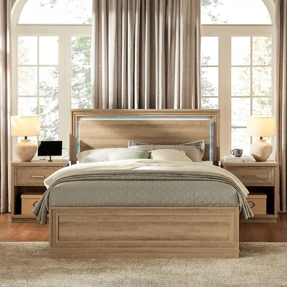 

Frame and Nightstand Set, Queen Wood Bed Frame with LED Headboard and 2 Bedside Tables, 3 Pieces Bedroom Furniture Set, Classic