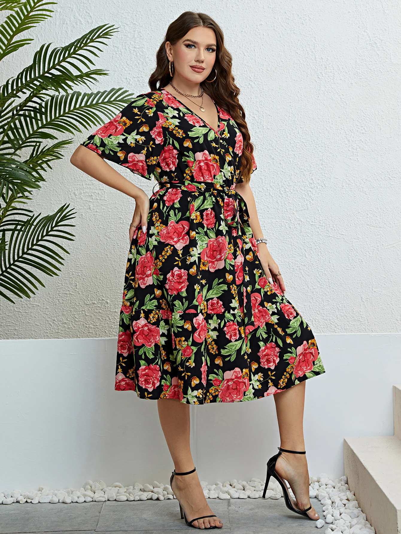 Della Mel Plus Size Floral Print V-Neck Butterfly Sleeve Belted Dress Women Summer Vacation Boho Beach A-line Midi Dresses 2023