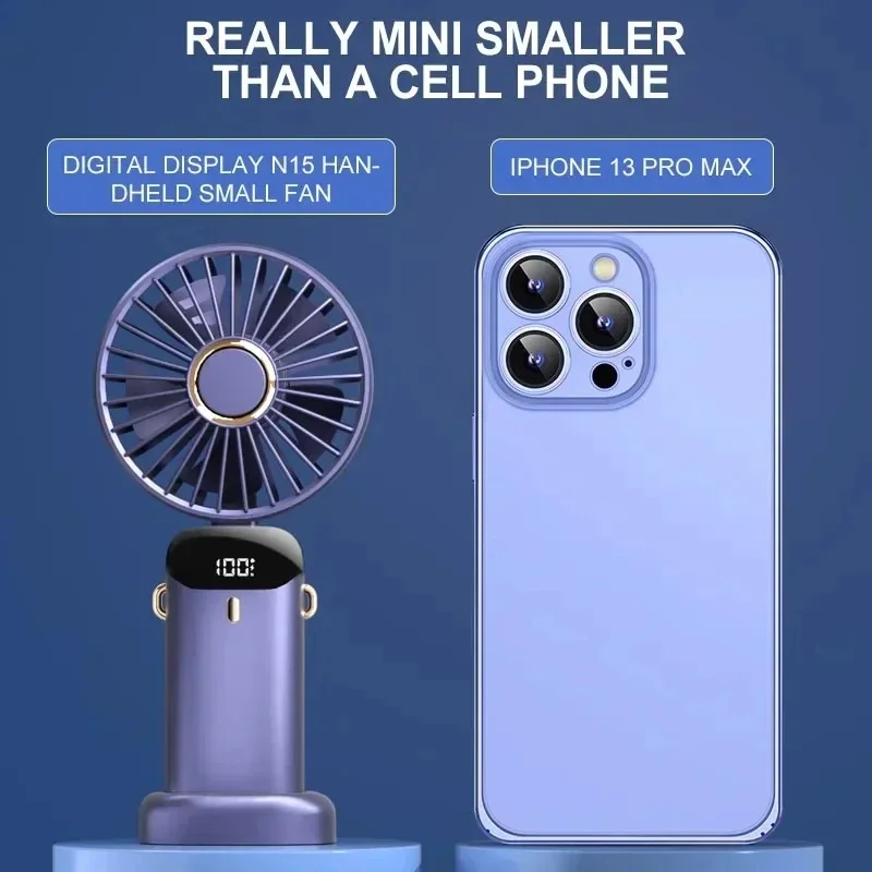 Foldable Neck Hanging Mini Fan, Portable 5 Speed USB Rechargeable Handheld Fan with Display Screen Phone Stand, 1800mAh