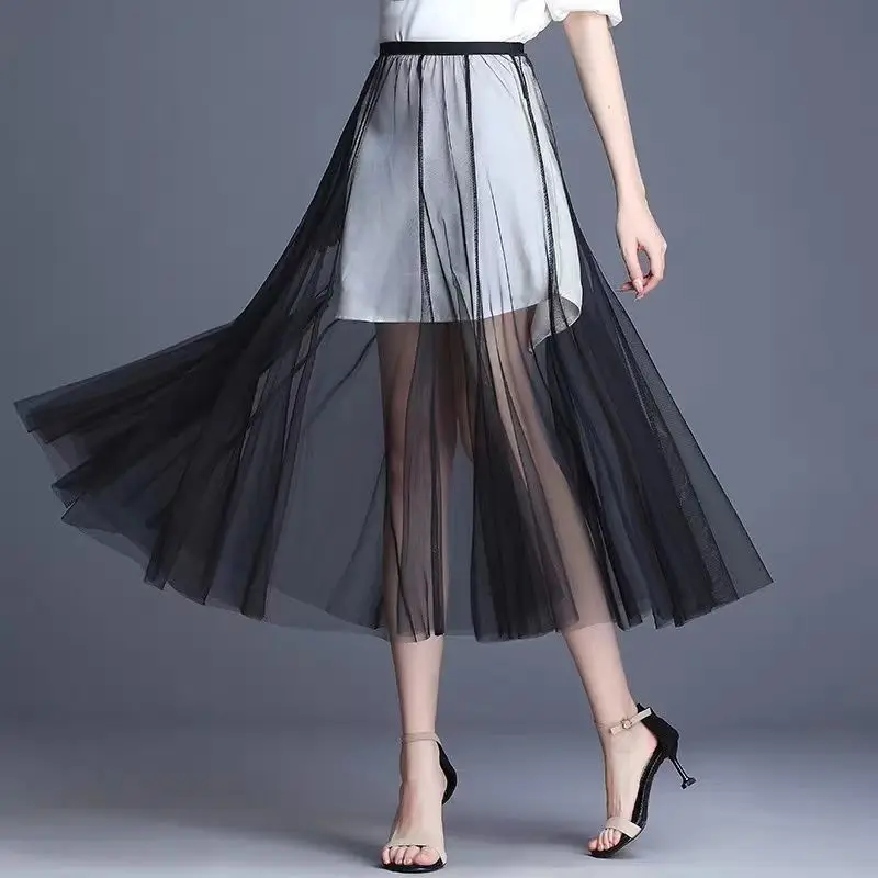 High Waist Me f Skirt Mid-Length Single Layer See-tough Mosquito Proof Sun Protection A-Line Skirt Women's Faion