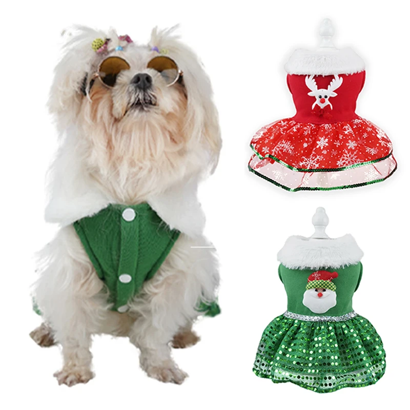 Christmas Pet Clothes Dog Winter Warm Dress Holiday Lightweight Doggie Costume Santa Elk Embroidery Puppy Clothes