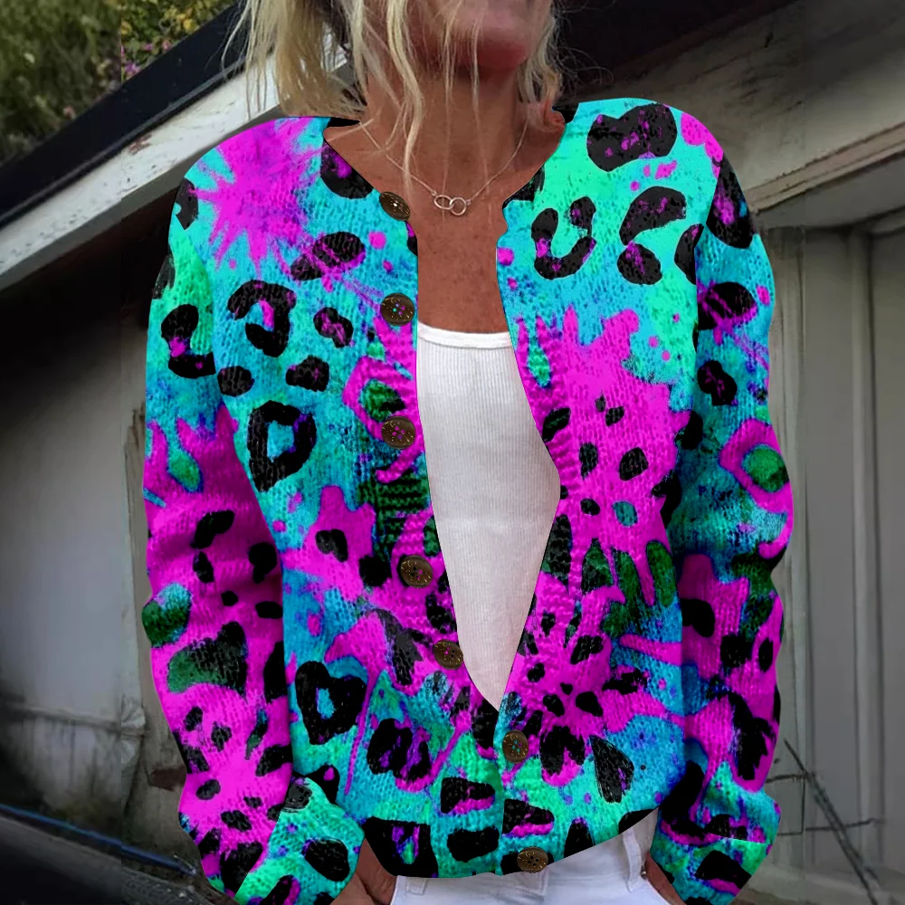 

Autumn Winter Knitted leopard Cardigan Sweater Streetwear Women Sweaters Knit Top Casual Cool Jumpers Fashion