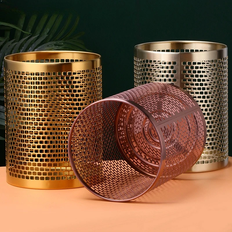 Stainless steel trash can hollow design office paper basket household kitchen solid color simple uncovered hollow storage