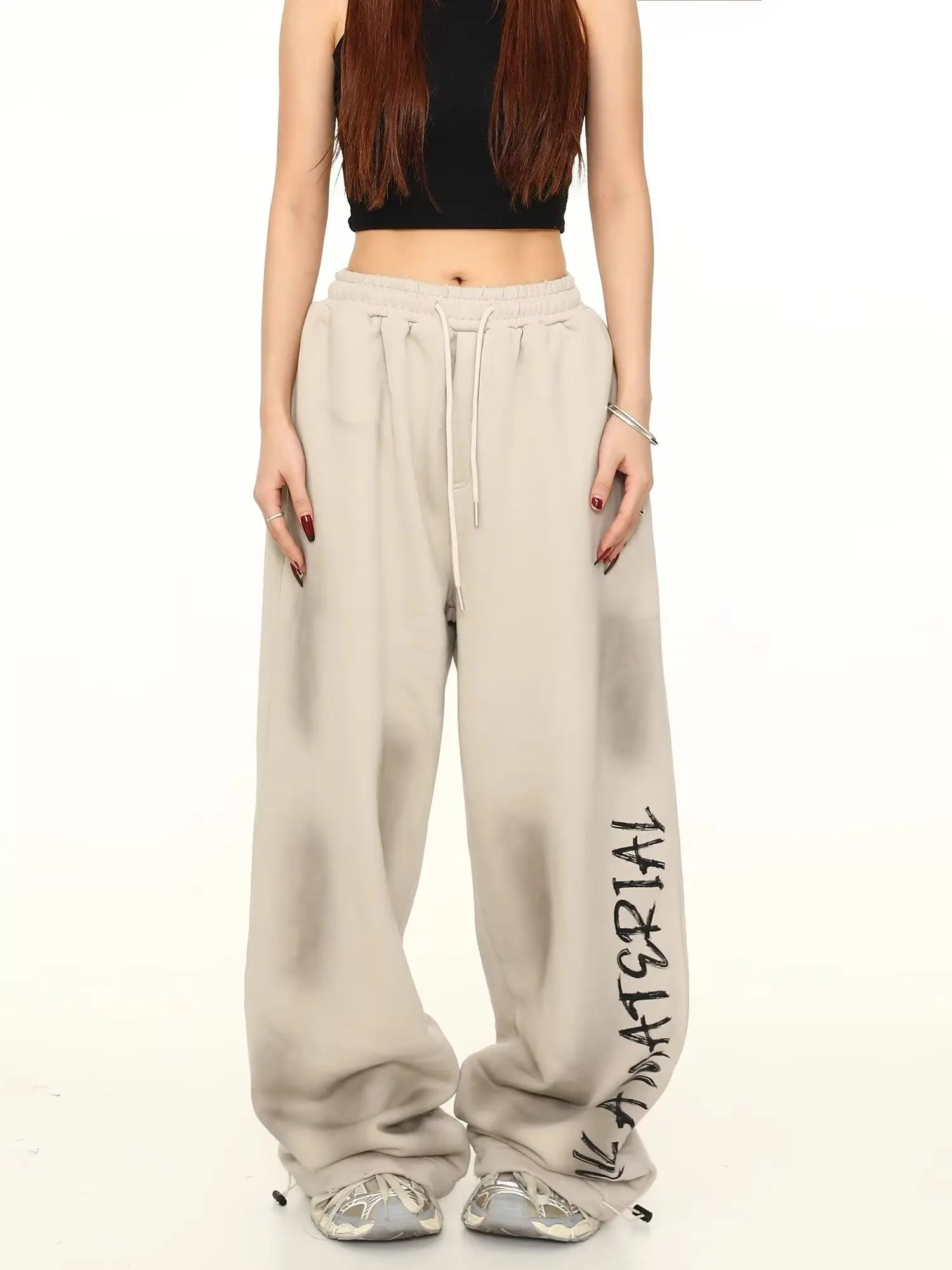 

Letter Print Drawstring Design Women's Pants Vintage High Street Trendy Cool Wide Leg Pants Women Street Personality Trousers