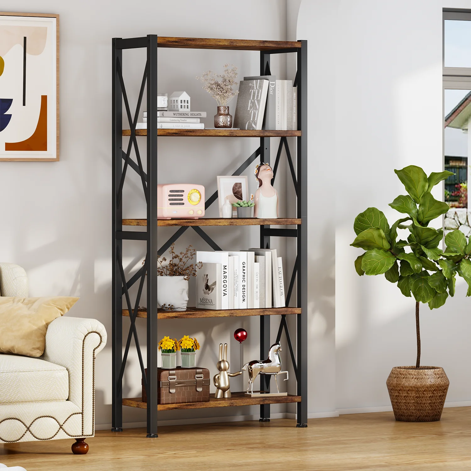 5-Tier Bookshelf, Wood Bookcase, Book Shelf with Steel Frame, Storage Rack with Open Shelves, Rustic Standing Bookshelves