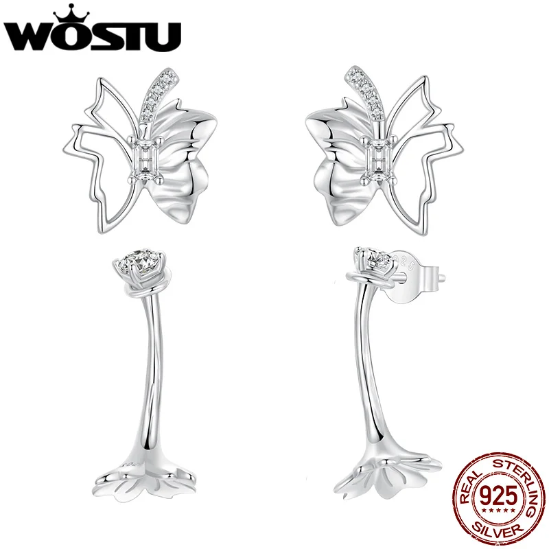 WOSTU 925 Sterling Silver Hollow Butterfly Leaf Stud Earrings For Women Unique Flower Drop Dangle Earring Wedding Party Gift