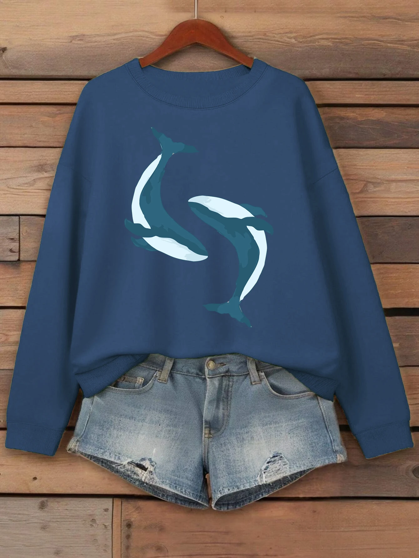 

Пуловер с принтом «Два кита», приятный и играющий вместе, женский осенний свитшот с круглым вырезом, свободная флисовая одежда, повседневная спортивная одежда