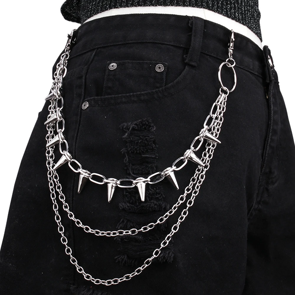 

Harajuku Vintage Multilayer Jeans Pants Key Chain Ring For Women Men Hip Hop Black/Silver Color Rivet Tassel Chain For Bag