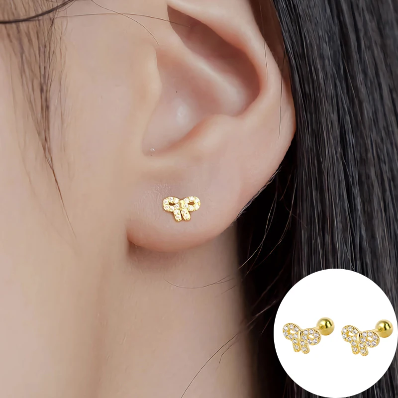 

100% 925 Sterling Silver Zircon Bowknot Earring for Women Girl Simple Fashion Small Design Jewelry Birthday Gift Dropshipping