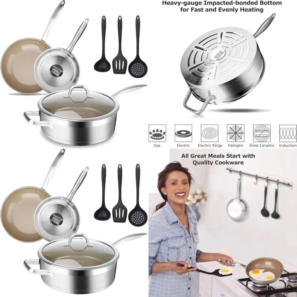 

7-Piece Stainless Steel Ceramic Coated Nonstick Cookware Set, Induction Compatible, with Lidded Sauté Pan