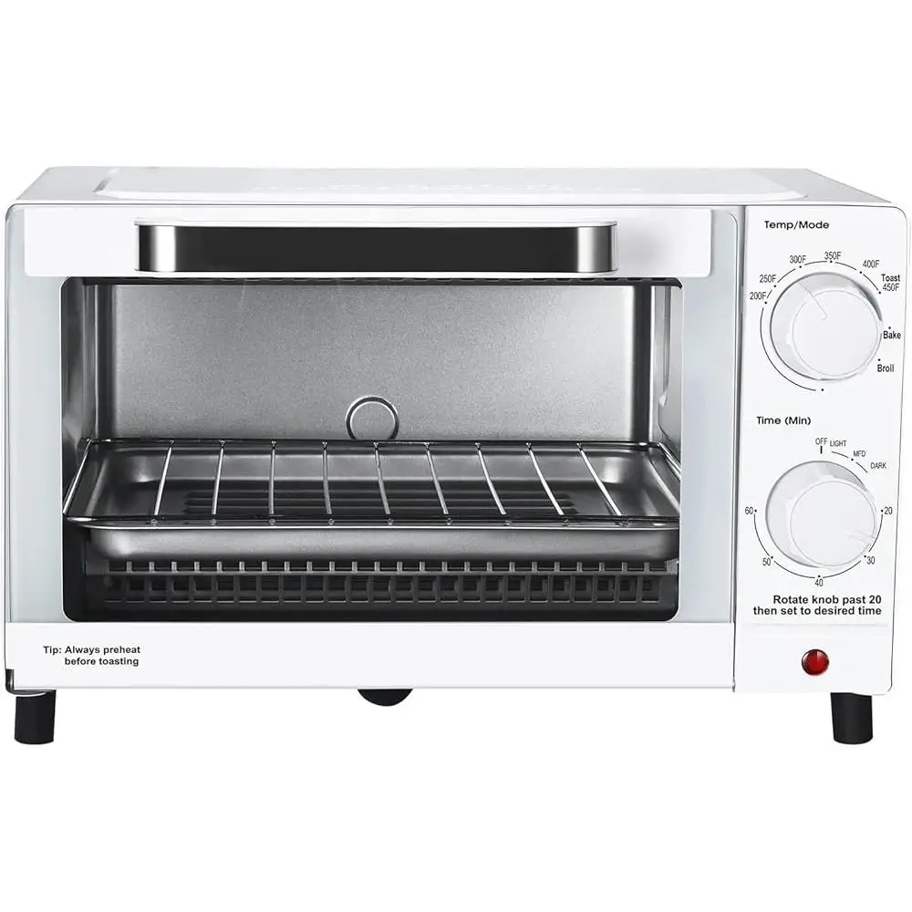 4 Slice Toaster Oven 1050W with Adjustable Timer Power Indicator Light Quartz Heating Elements Baking Rack Pan Toast Bake Broil