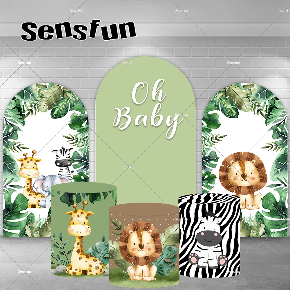 

Kids Safari Jungle Theme Baby Shower 1st Birthday Party Chiara Arch Backdrops Green Leaves Lion Zebra Giraffe Pedestal Covers