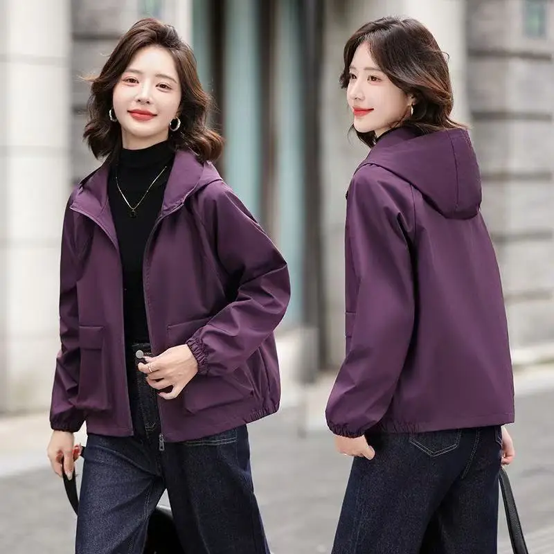 Frühling Herbst 2026 Neue Kapuzenjacken für Damen Kurze Jacken Locker Einfarbig Vielseitige Windbreaker mit Reißverschlusstaschen Langarm Damenmäntel