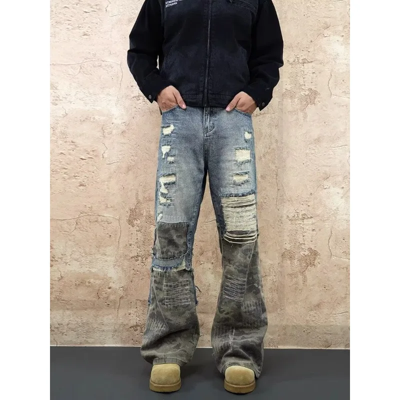 

High Street Men's Jeans Crewel Embroidery Camouflage Patchwork Hole Design Niche Washing Baggy Male Denim Pants New Men Jeans