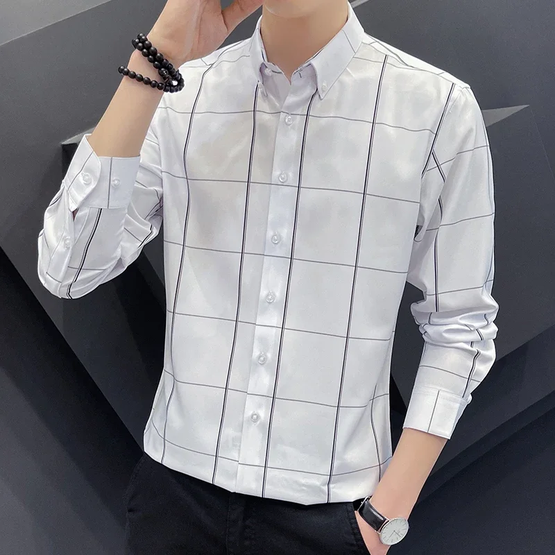 

New Autumn 2024 Mens Business Casual Long Sleeved Shirt Checked Male Social Dress Shirts for Man Camisas Para Hombre