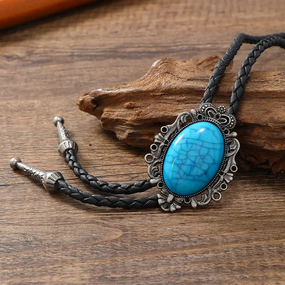 Boho American Bolo Necklace PU Woven Cowboy Hat Pendant Turquoises Beaded Necklace Sweater Chain Clavicle Chain