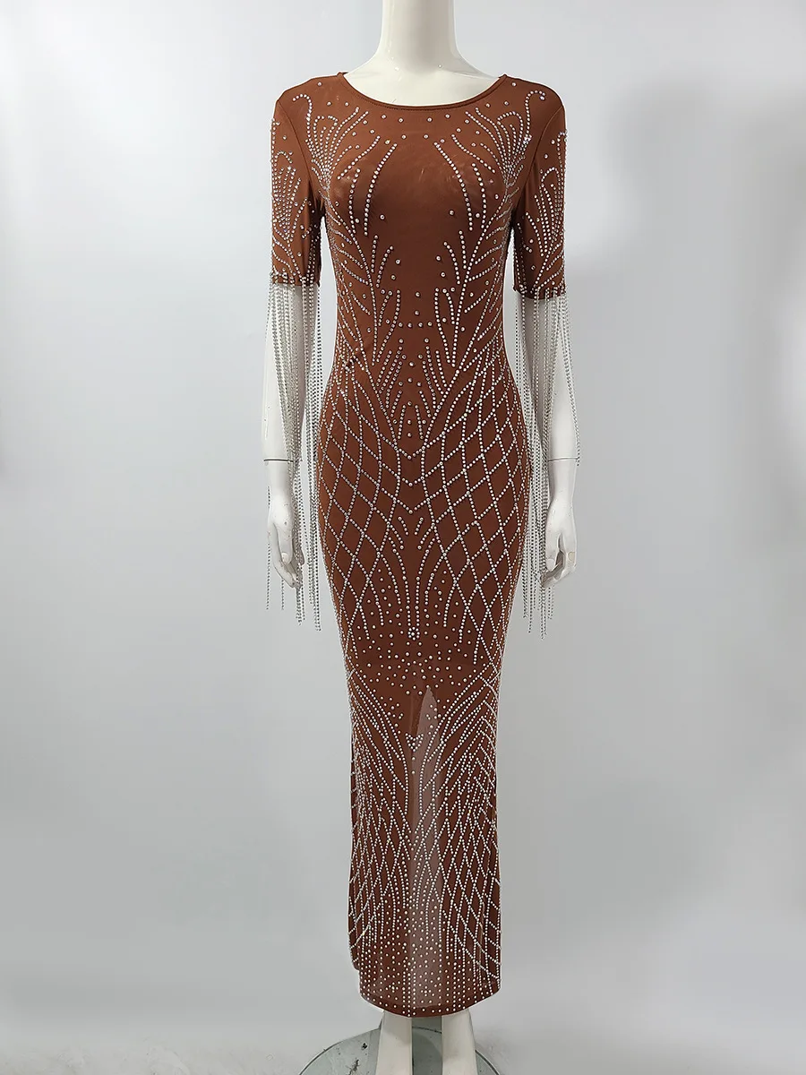 Dress Luxury Women 2024 Brown Mesh Diamonds Tassel Maxi Celebrity Evening Party Club Runway Back Slit Bodycon Long Dresses