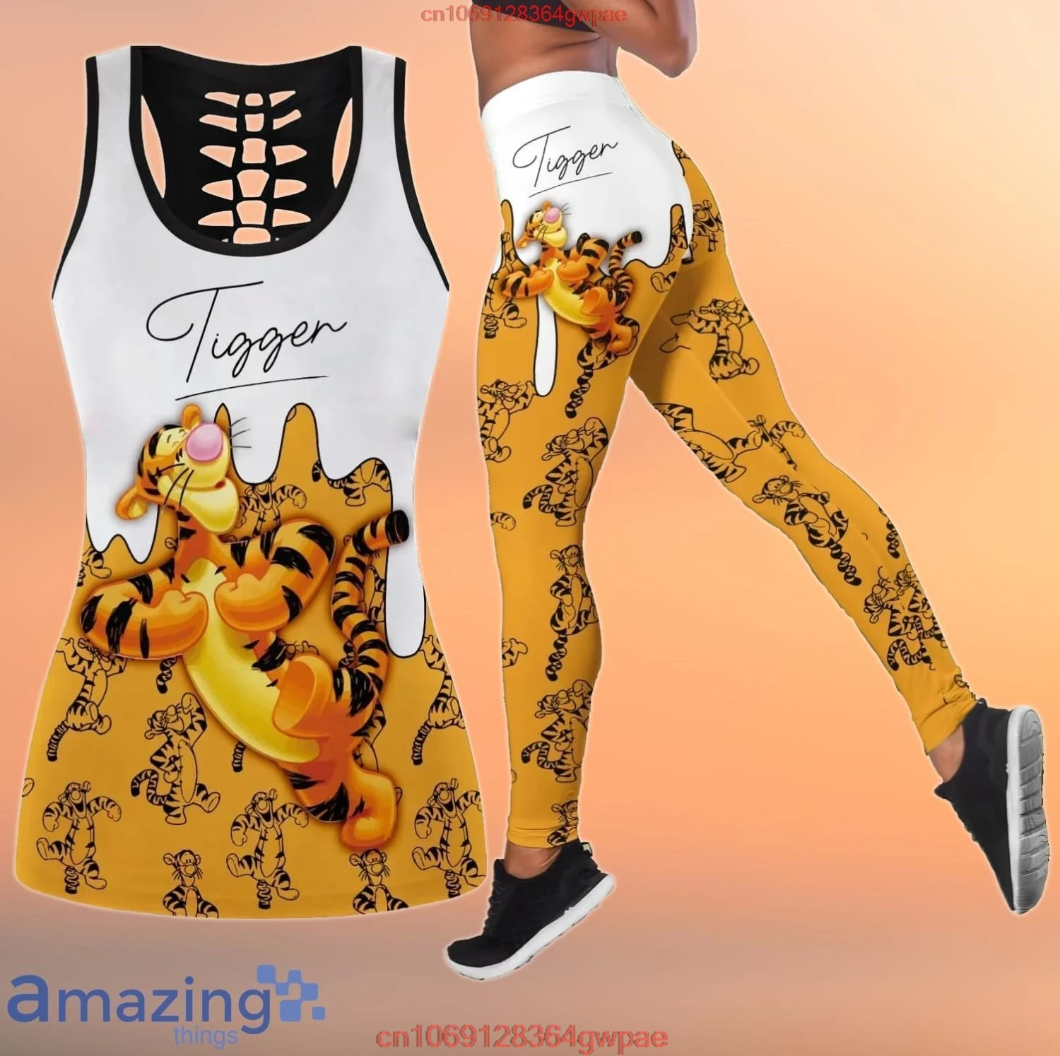 Disney Tigger Women Book Hollow Vest + Women Leggings Yoga Suit Fitness Leggings Sports Suit Disney Tank Top Legging Set Outfit