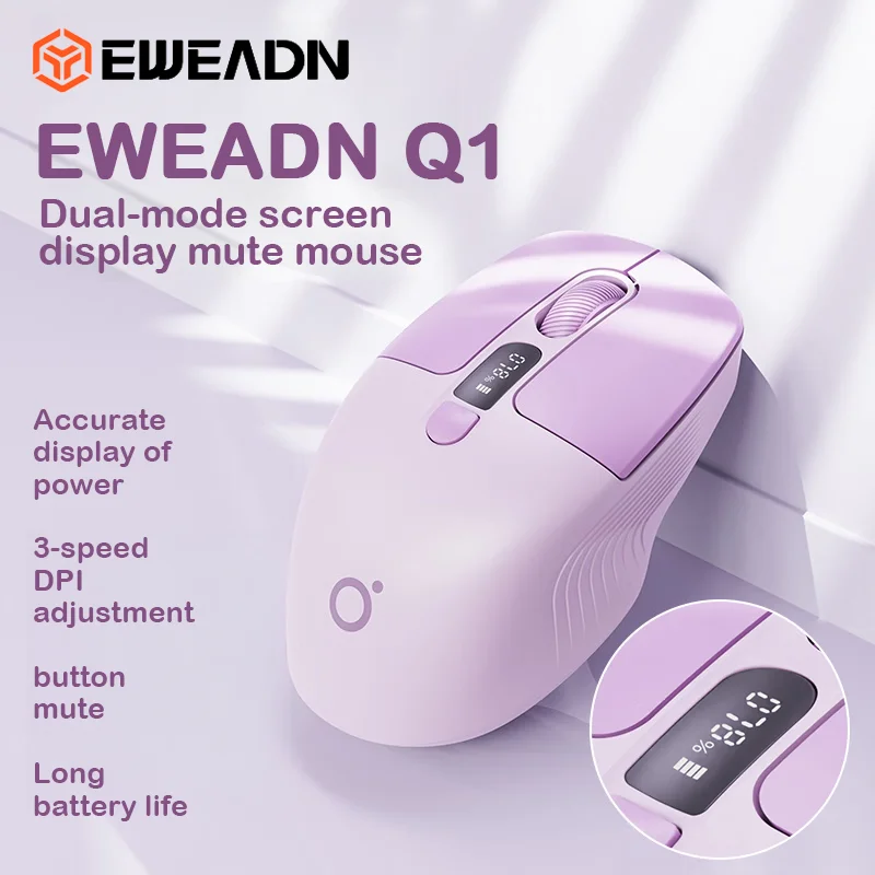 EWEADN Q1 Dual Mode Wireless Mouse LCD Display Silent Click Rechargeable 3-Speed DPI Ergonomic Mice for PC/Mac/iPad