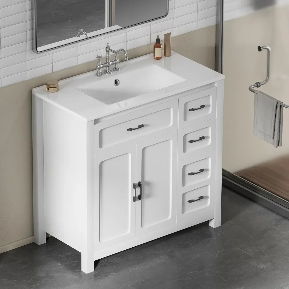 

30" Bathroom Vanity with Sink White Modern Sink Cabinet Storage Cabinet with 1 Pull Down Drawer, 3 Drawers and 2 Door