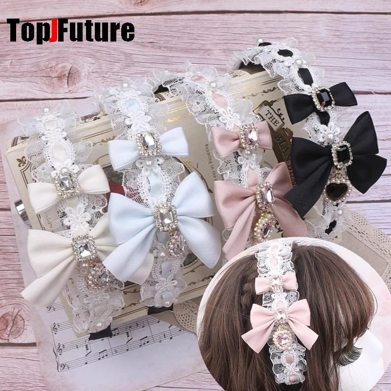 

Subculture Y2K GIRL elegant Women's Harajuku Gothic Lolita sweet flower lace bow pearl love Pendant headband hair band Accessory
