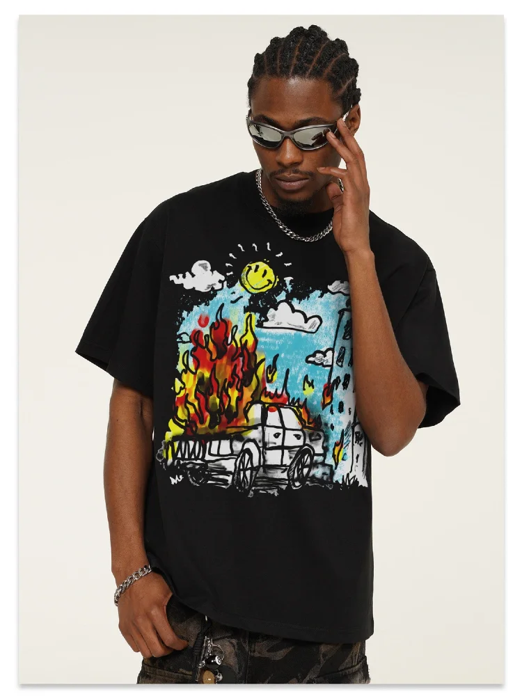 Unisex Heavyweight Cotton Streetwear T-Shirt Graffiti Print Short-Sleeve Trendy Style Couple's Option