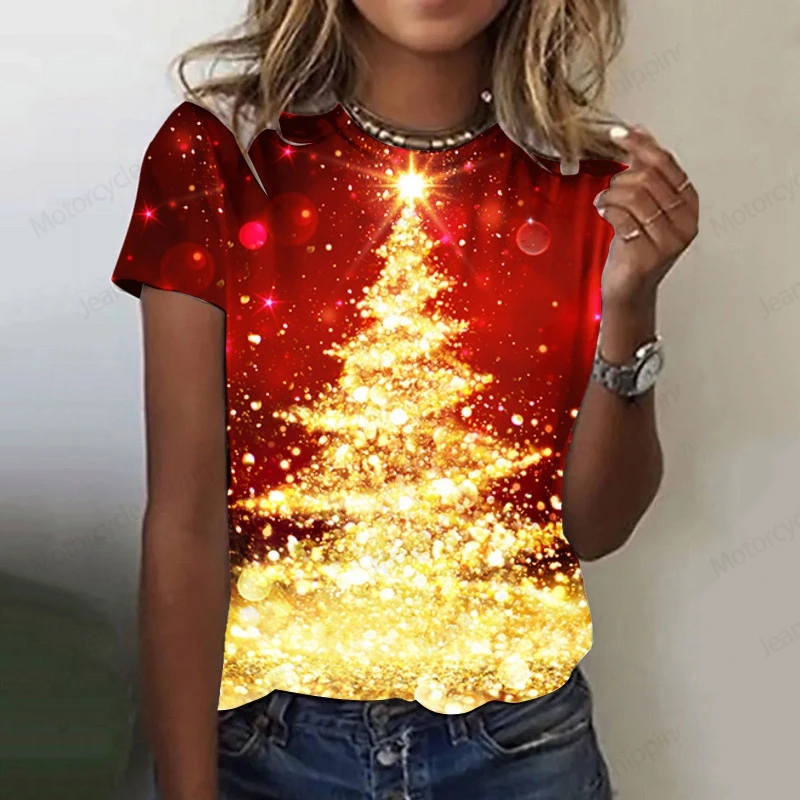 Golden Christmas Tree 3d Print Tshirt Men Women Fashion Oversized T-shirt Harajuku Short Sleeve Tops Tees Xmas Elk T shirt Women