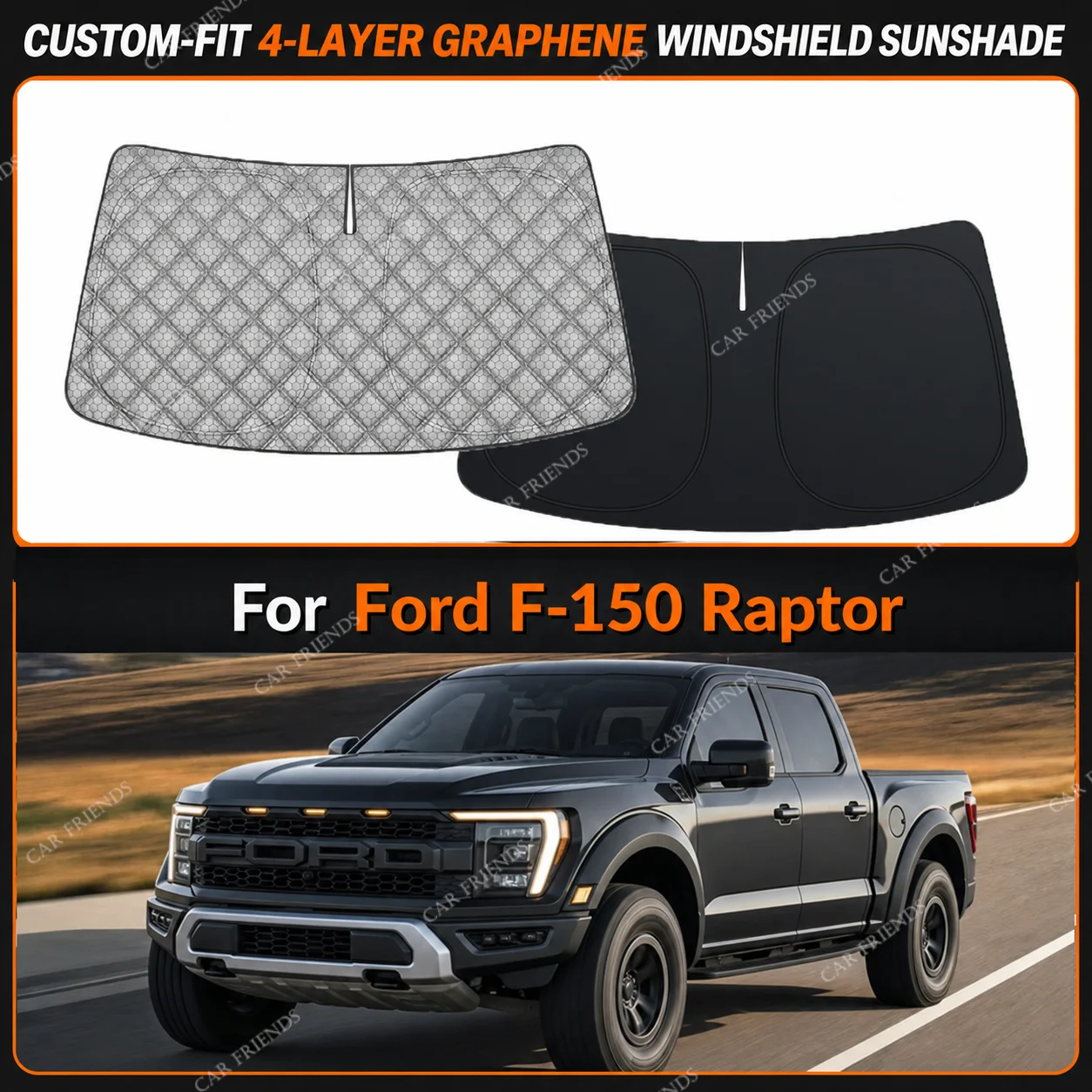 For Ford F-150 Raptor Custom-Fit 4-Layer Graphene Windshield Sunshade Reflective Gray-Silver Surface Foldable Design