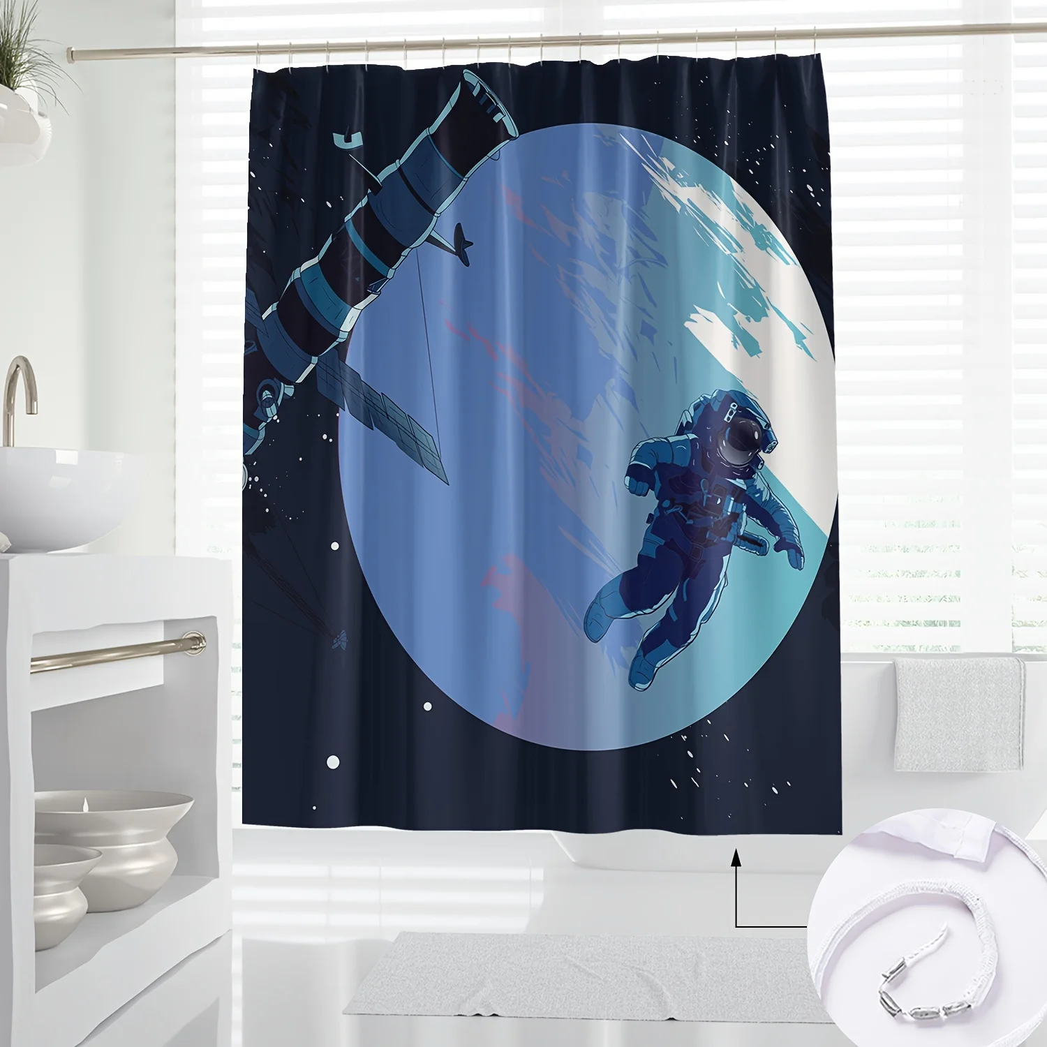 

1pc Modern Art Digital Print Shower Curtain - Space Exploration Theme with Astronaut & Cosmic Scene, Polyester Fabric, Machine