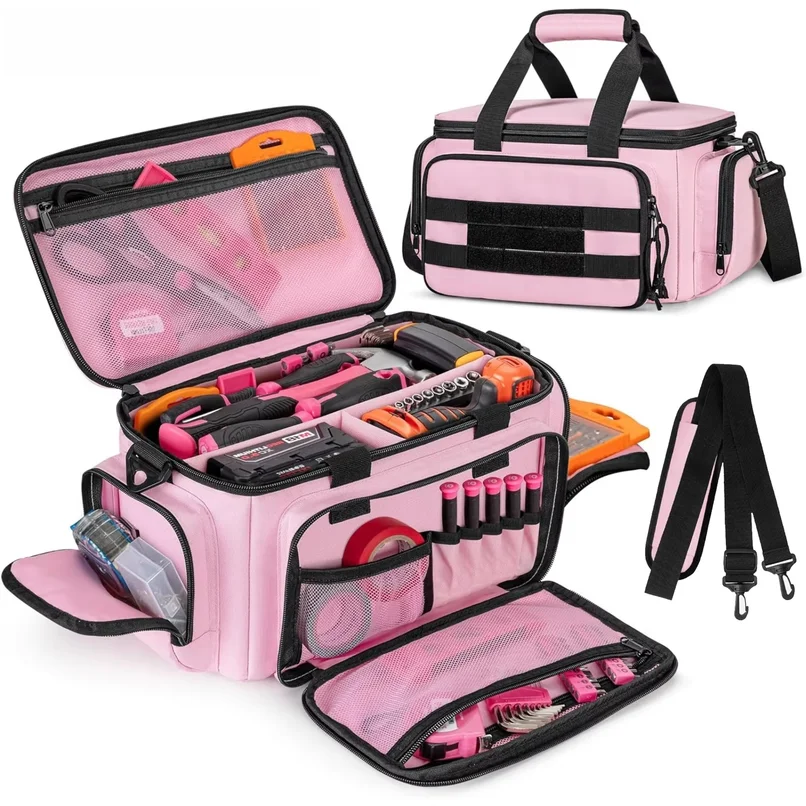 Pink Tool Bag For Women, Lady Tool Tote Bag Storage Organizer with Anti-friction Bottom for Electrician, Carpenters, Repairman