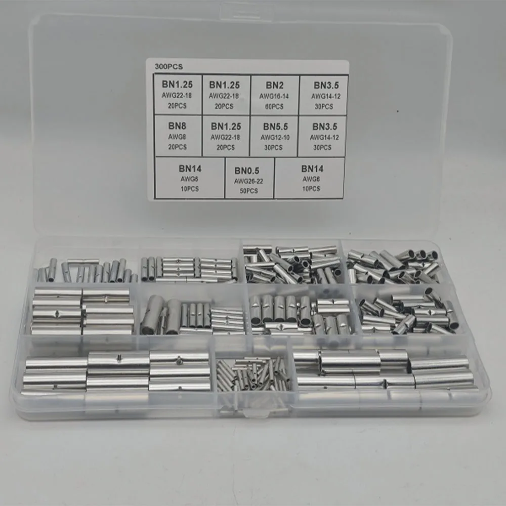 

300Pcs Non Insulated Butt Connectors Kit AWG 6-26 Gauge Uninsulated Butt Connectors Electrical Wire Crimp Ferrule Terminals