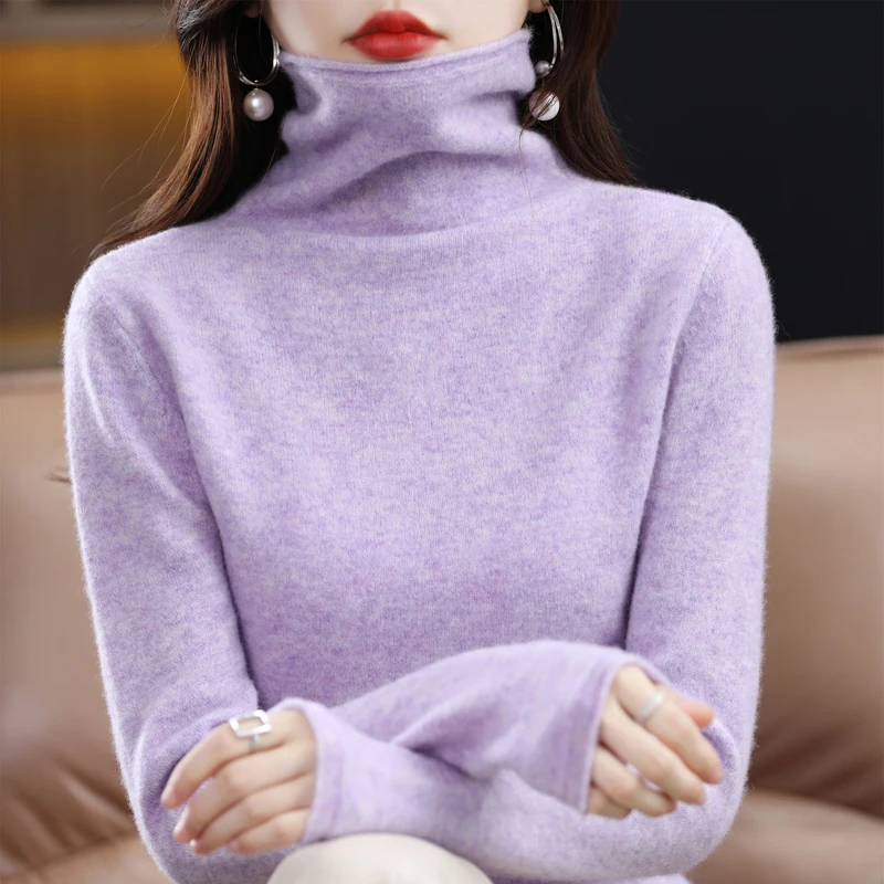 

100% Merino Pure Wool Sweater 2024New Women's Autumn/Winter Warm Solid Color High Neck Basic Knit Stacked Collar Jumper Top