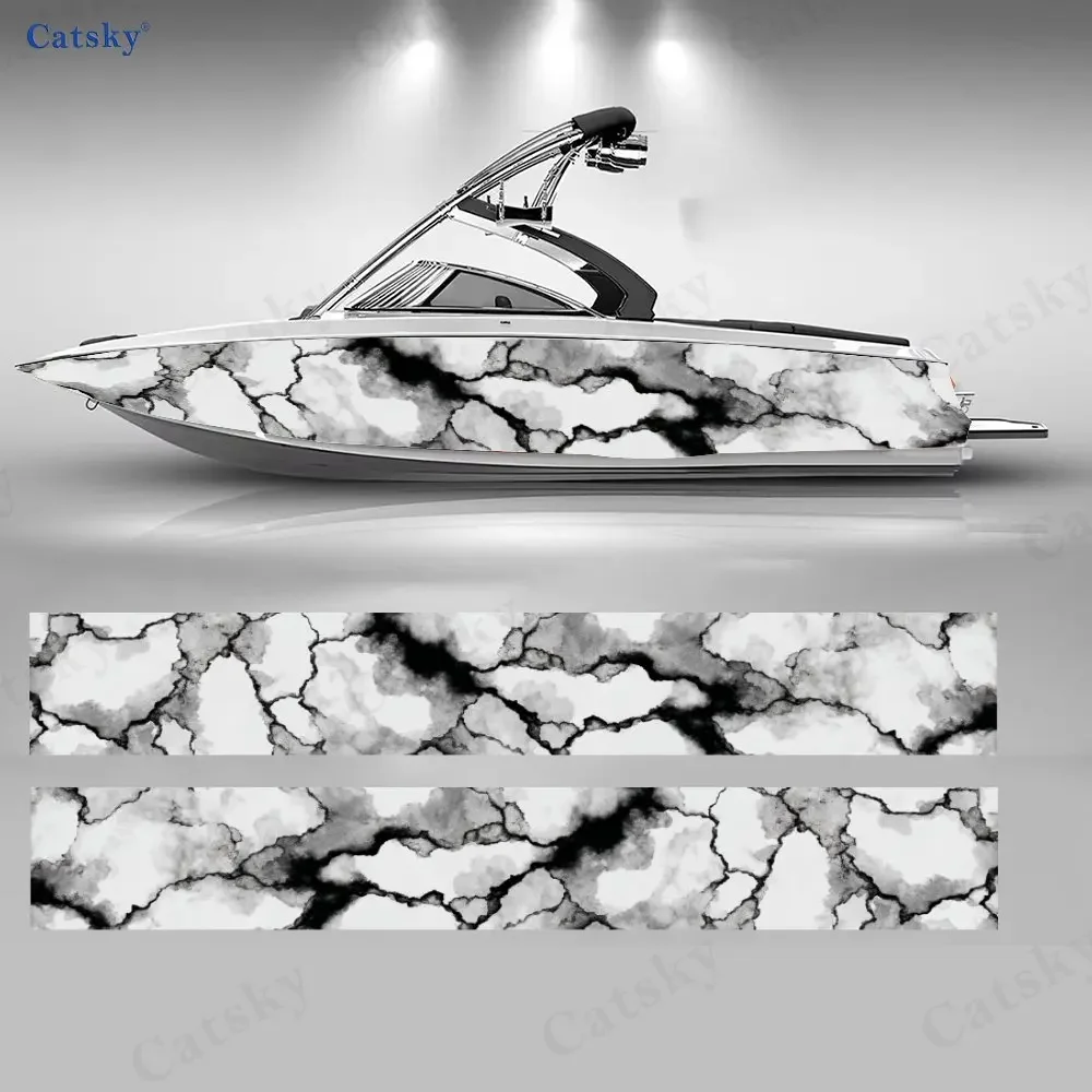 2Pcs Monochrome Crackle Boat Stickers, PVC Waterproof Durable Vinyl Wrap Decals for Fishing Boats, Durable and Stylish Design