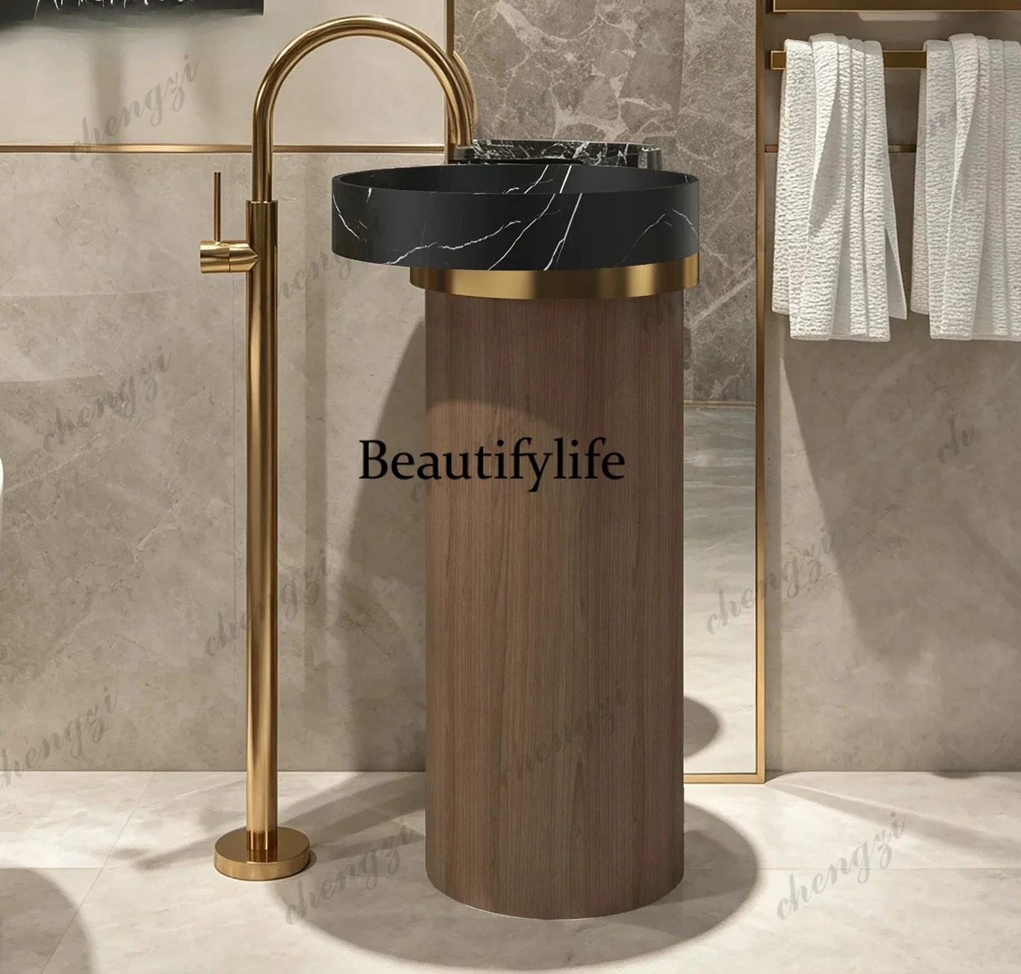 Medieval style wash basin small apartment marble pattern balcony bathroom art integrated column basin