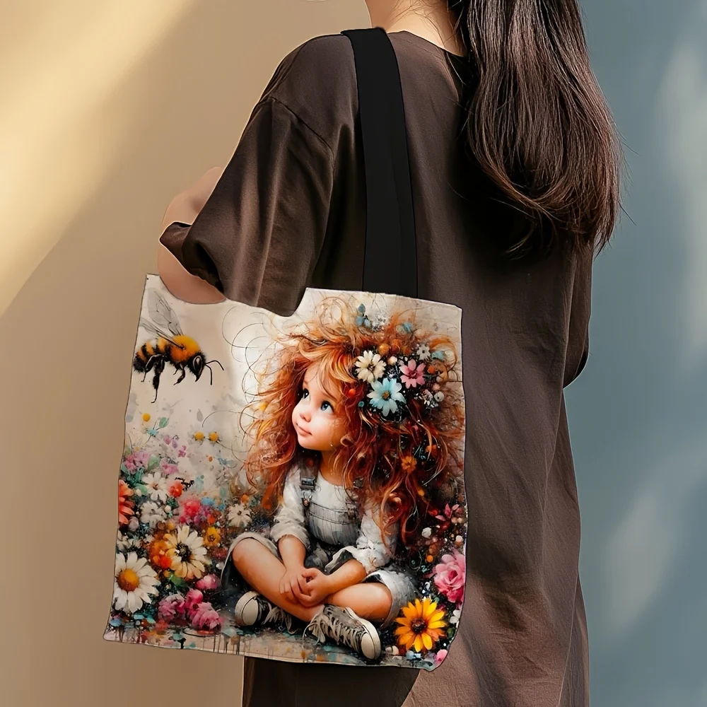 Cute Cartoon Tote Bag | Foldable & Reusable Shopping Bag with Adorable Girl & Cat Illustration, Mixed Colors, Casual Tote Bag