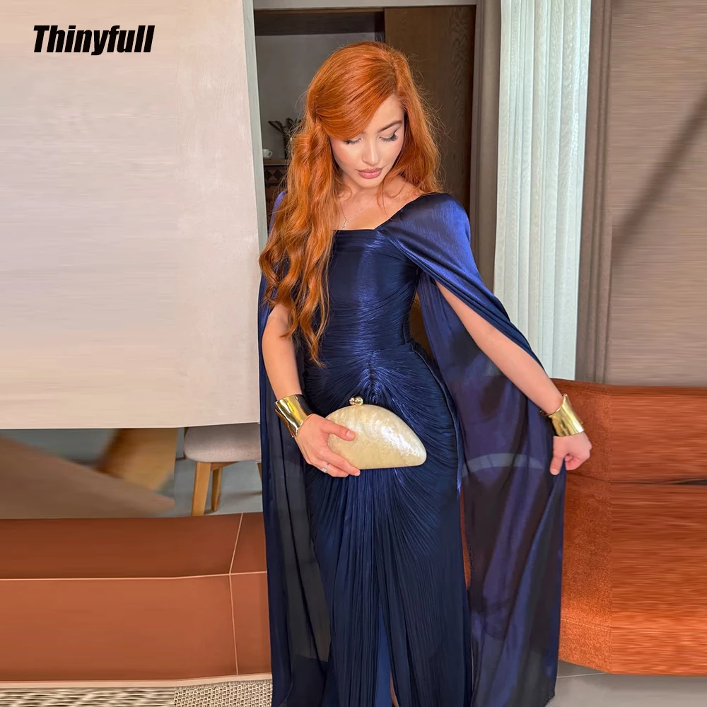 Thinyfull Mermaid Shiny Satin Prom Dress 2026 Square Collar Cap Sleeves Long Gown Evening Party Dress Robe De Soirée Customized