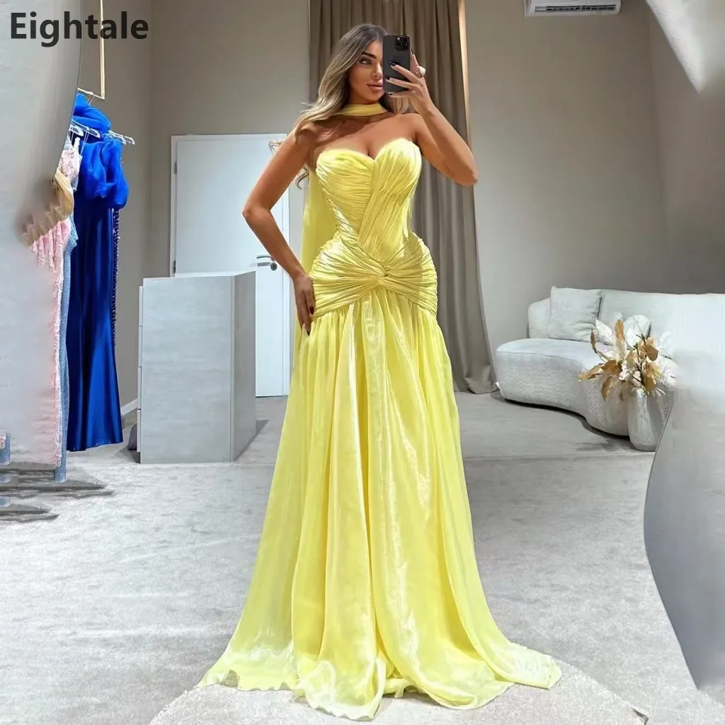 

Eightale 2025 Yellow A Line Sweetheart Silk Organza Pleated Evening Dress Saudi Arabic Prom Dress Dubai Party Gown Customized